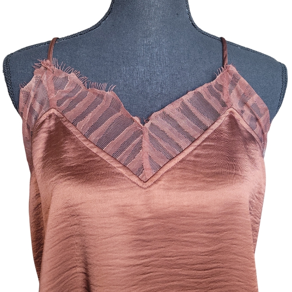 Frye NWT Brown Satin Eli Lace-Trim Racerback Tank Women's Size M FLAWS - Picture 9 of 16